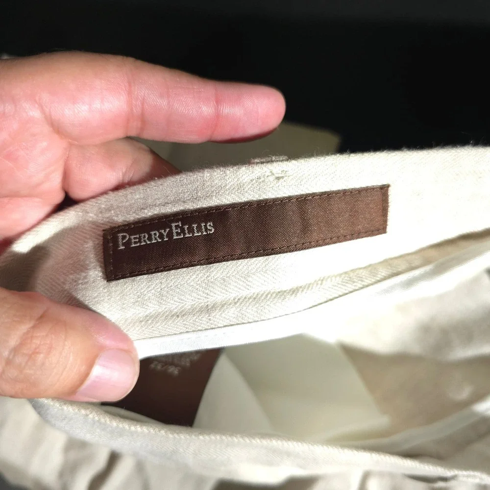 Perry Ellis Linen Blend Pants Mens 36x32 Cream Herringbone Flat Front Straight